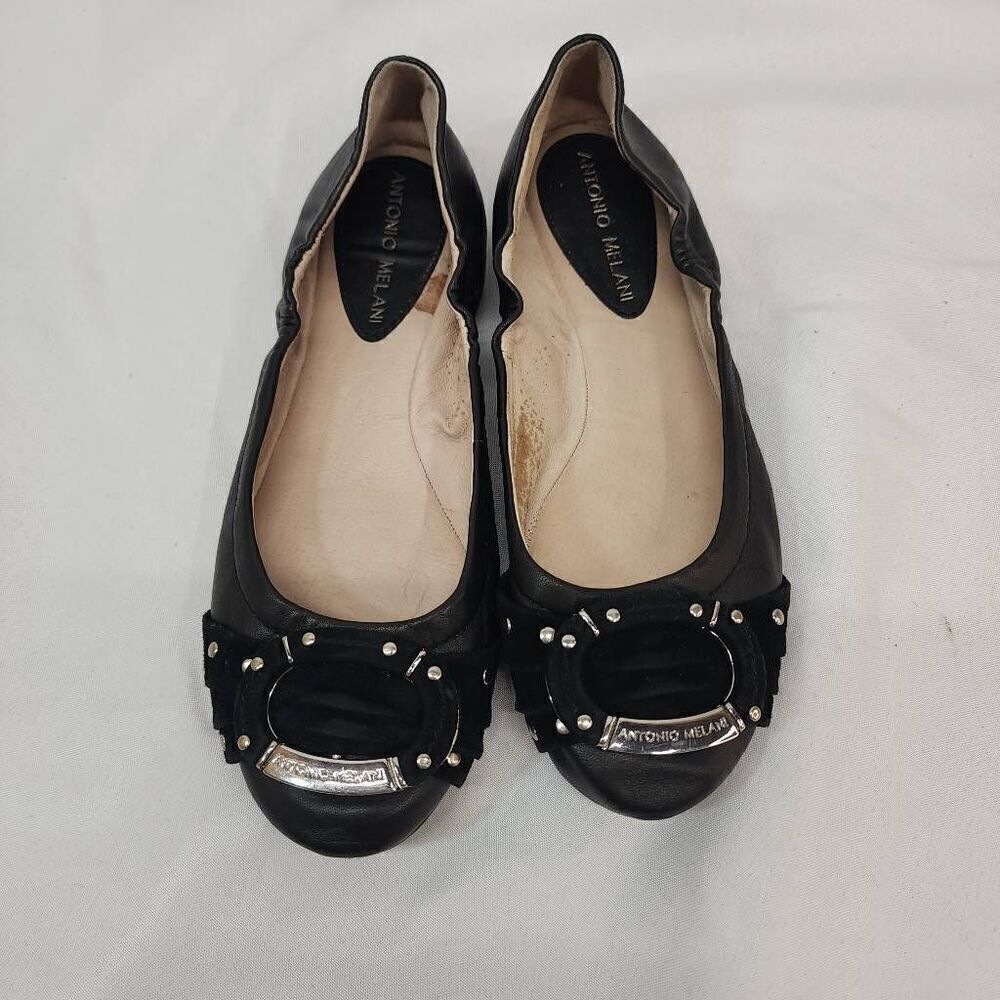 Antonio Melani Size 8 Black Leather Ballet Flats Buckle And Suede Studded Detail - Picture 6 of 9
